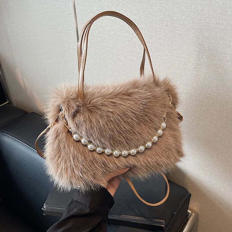 Candy Color Pearl Handle Women's Plush Crossbody Bag Portable Female Furry Handbags Winter Fashion Casual Shoulder Bags