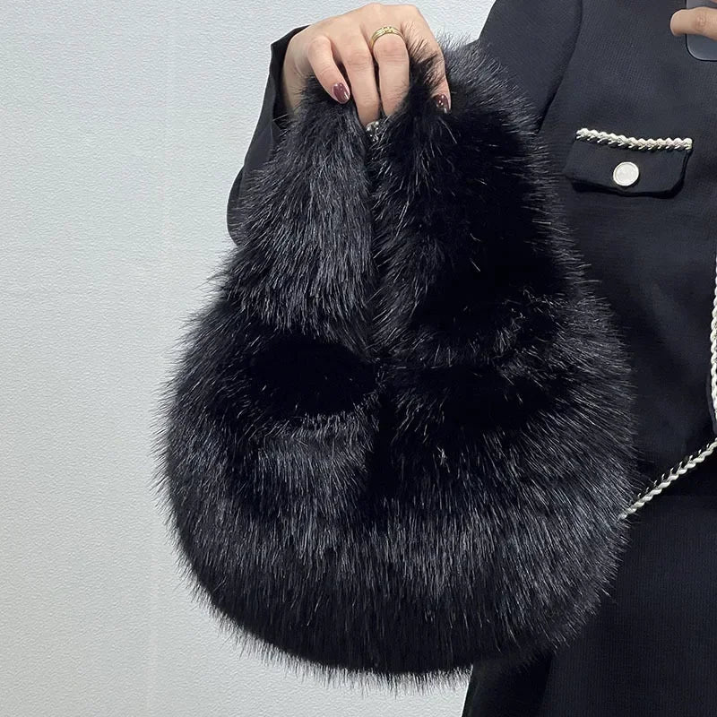 Winter Casual Furry Shoulder Bags for Women Solid Color Soft Plush Ladies Clutch Purse Handbags Lightweight Female Hobos Bag