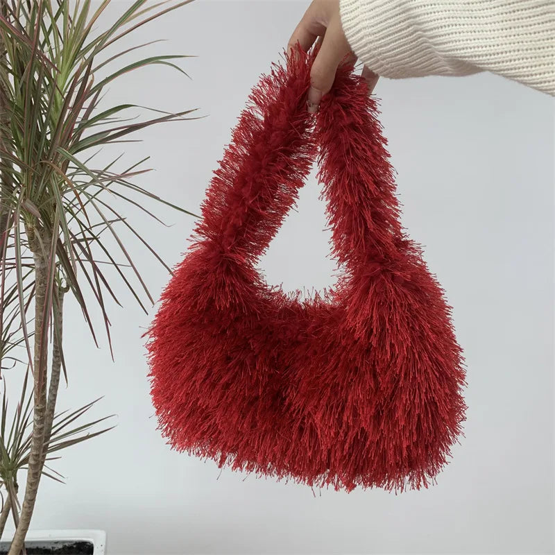 Solid Color Faux Fur Women's Furry Shoulder Bag Sweet Winter Plush Ladies Tote Handbags Simple Female Underarm Bags Purse Clutch