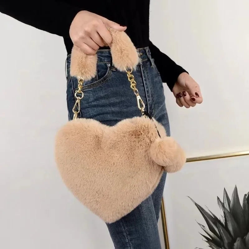 Faux Fur Heart-shaped Women Small Handbags Fluffy Plush Ladies Chain Shoulder Bag Fashion Female Furry Daily Clutch Purse
