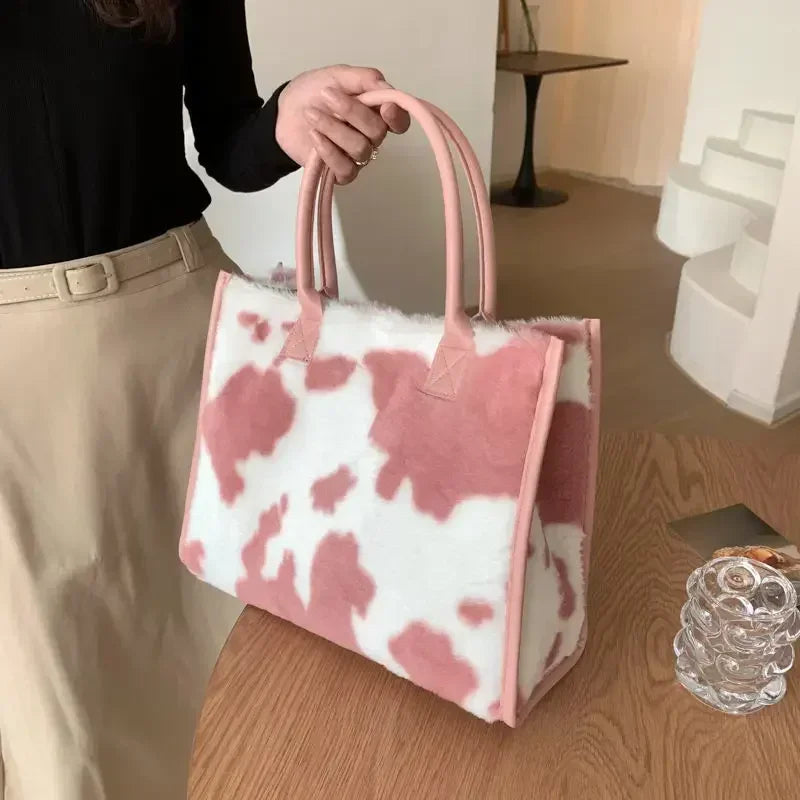 New Women Soft Plush Hand Bag New Winter Leopard Cow Print Tote Bags Female Pu Leather Underarm Bags Furry Fluffy Shoulder Bag