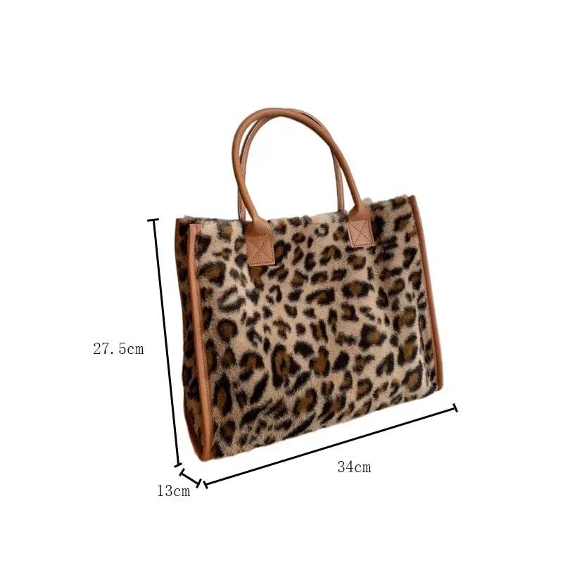 New Women Soft Plush Hand Bag New Winter Leopard Cow Print Tote Bags Female Pu Leather Underarm Bags Furry Fluffy Shoulder Bag