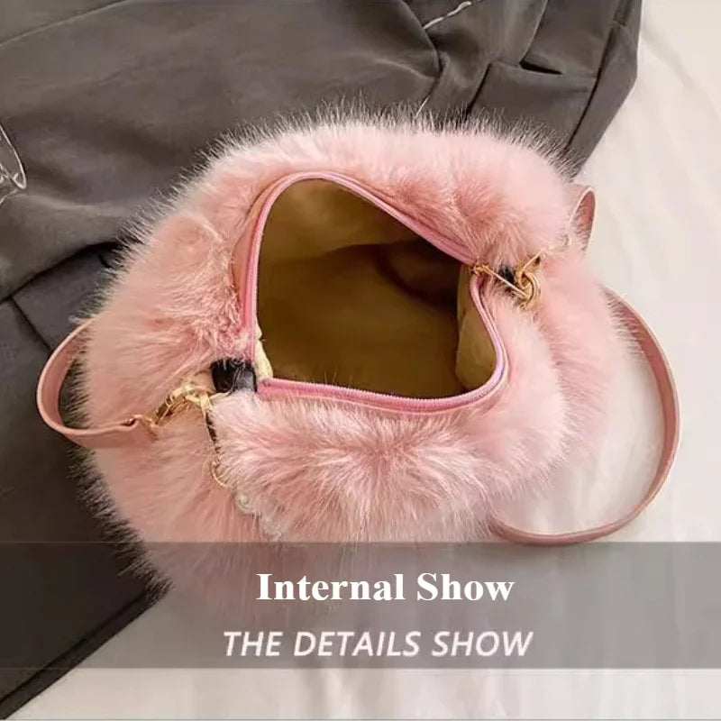 Candy Color Pearl Handle Women's Plush Crossbody Bag Portable Female Furry Handbags Winter Fashion Casual Ladies Shoulder Bags