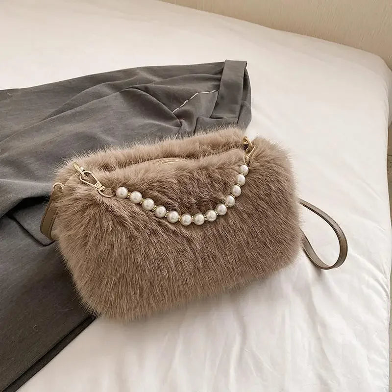 Candy Color Pearl Handle Women's Plush Crossbody Bag Portable Female Furry Handbags Winter Fashion Casual Ladies Shoulder Bags
