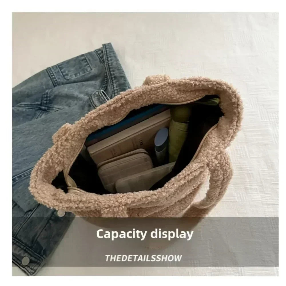 Fashion Large Capacity Lamb Plush Winter New Women Lady Bag Solid Texture Simple Elegant Warm Comfortable Handbag Shoulder