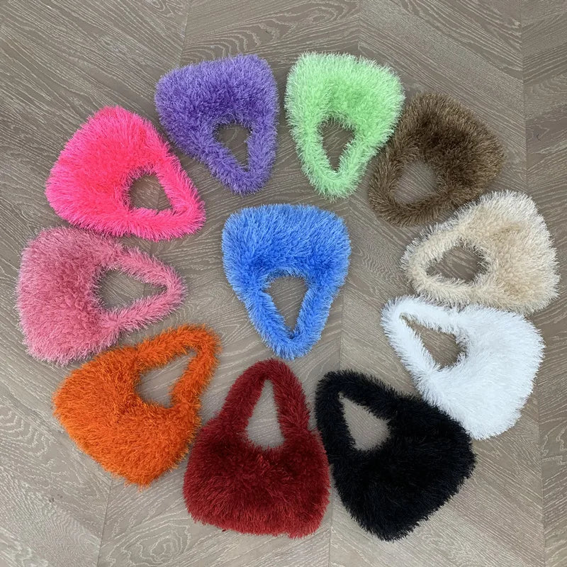 Solid Color Faux Fur Women's Furry Shoulder Bag Sweet Winter Plush Ladies Tote Handbags Simple Female Underarm Bags Purse Clutch