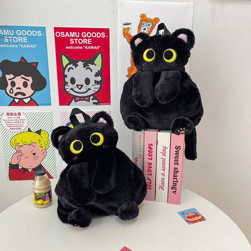 Winter Cute Soft Plush Cartoon Cat Backpack Girls Kawaii New Style Versatile Furry Crossbody Bag Personality Black Portable Bag