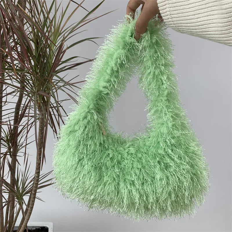 Solid Color Faux Fur Women's Furry Shoulder Bag Sweet Winter Plush Ladies Tote Handbags Simple Female Underarm Bags Purse Clutch